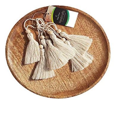 Zippy Flora Cotton Handmade Tassels with Beads for DIY Wall Crafts and Projects, Pack of 10 (Off-White)