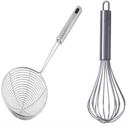 LSARI Steel Hand Blender Mixer Froth Whisker Egg Beater Juice (9 Inches) and Trading Stainless Steel Deep Fryer Strainer/Mesh Strainer/Jhara for Kitchen Sieve (14 cm) (Steel Pack of 2)