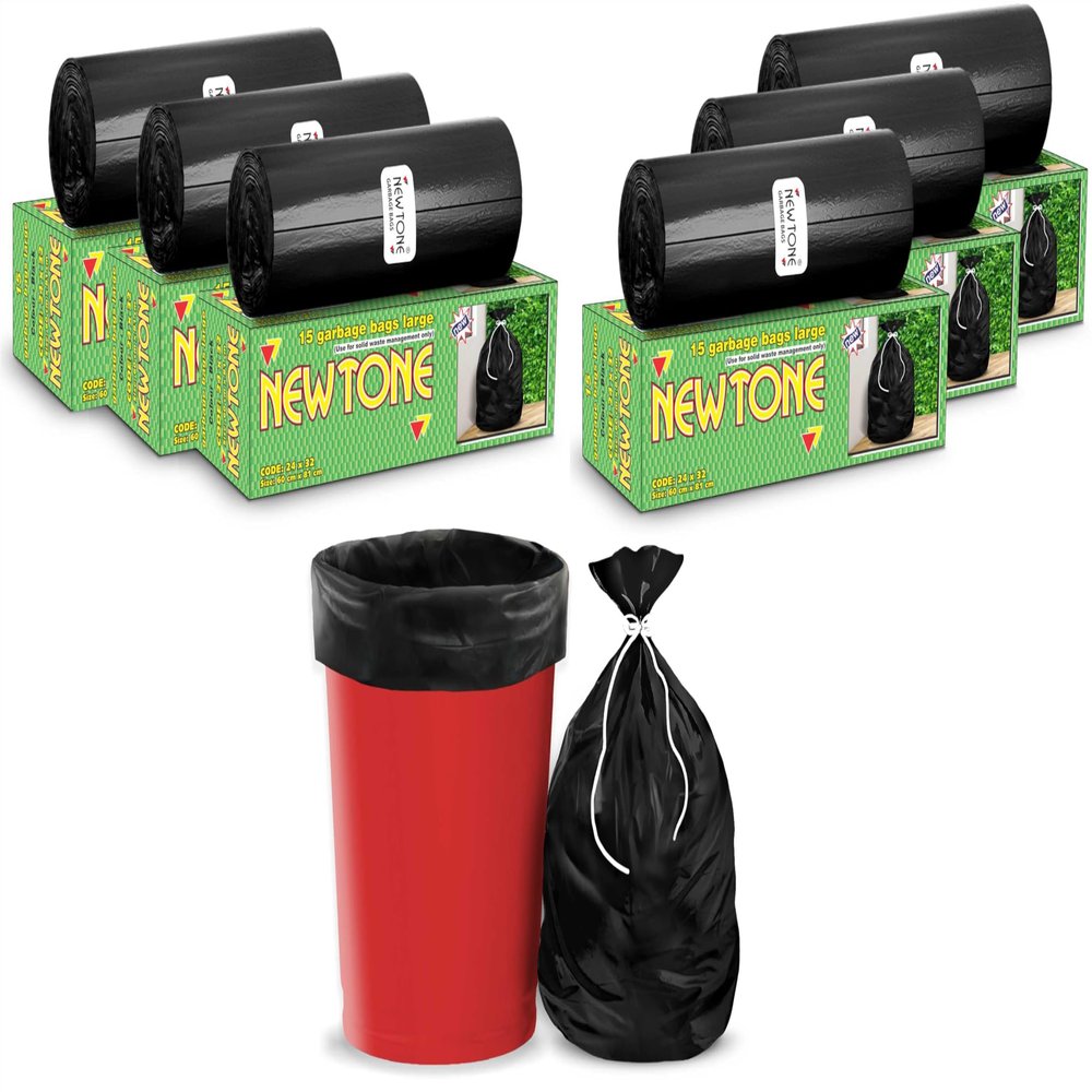 Newtone Garbage Bags | Large 24 X 32 Inches | 90 Bags (15 Bags X 6 Rolls) | Dustbin/Trash bin | Box Packing | (Black) - Perforated Box for Easy Dispensing