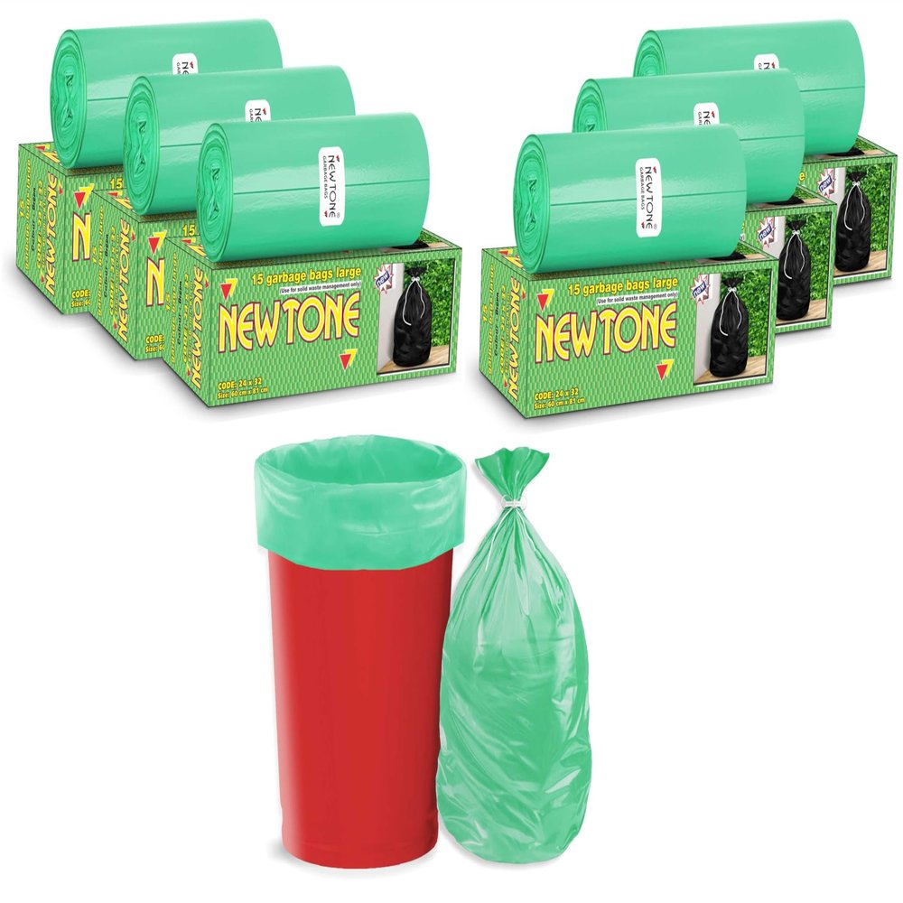 Newtone Garbage Bags | Large 24 X 32 Inches | 90 Bags (15 Bags X 6 Rolls) | Dustbin/Trash bin | Box Packing | (Green) - Perforated Box for Easy Dispensing