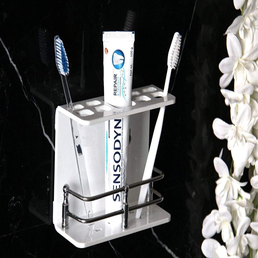 SHREE HANS CREATION Wall Mounted self Adhesive Acrylic Tooth Brush Holder/Stand/Tumbler/Toothpaste for Bathroom Stand Organizer Rack for Home (D3-White) / (055)