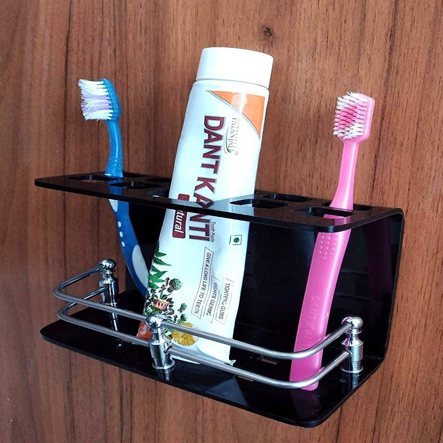 SHREE HANS CREATION Wall Mounted self Adhesive Acrylic Tooth Brush Holder/Stand/Tumbler/Toothpaste for Bathroom Stand Organizer Rack for Home (D3-Black) / (056)