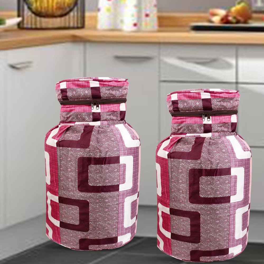 E-Retailer Polyester 3-Layered LPG Gas Cylinder Covers with Zipper Enclosure Pack of 2- (Color-Geometric Purple, Size-26x14 Inches)