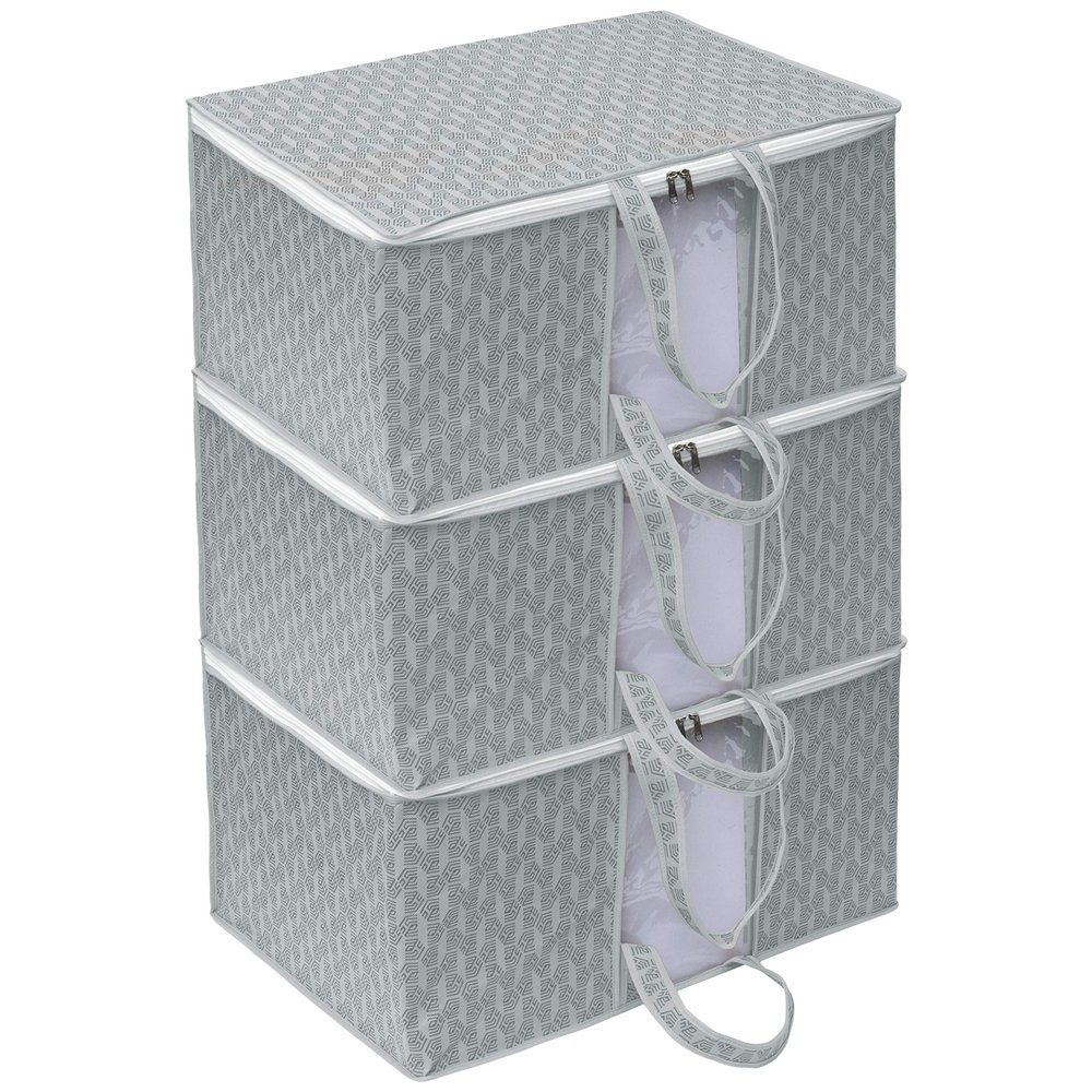 HomeStrap Printed Front Handle Underbed Storage Bag/Organizer/Blanket Cover (Grey, Pack Of 3, Non-Woven) (Shark Tank Product), 44 Centimeters, 30 Centimeters