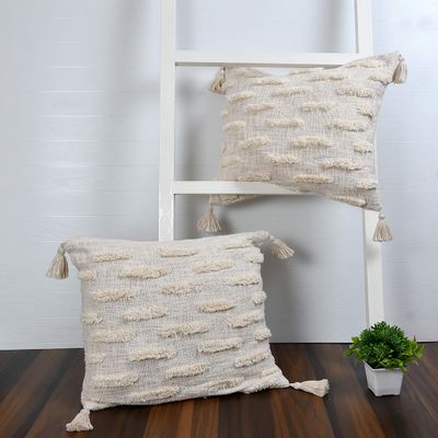 pepme Cotton Tufted Cushion Cover Bar Design Hand-Woven 16 inch Pack of 1, Bohemian Pillow Case for Living Room, Sofa, Office (Square, Off-White)