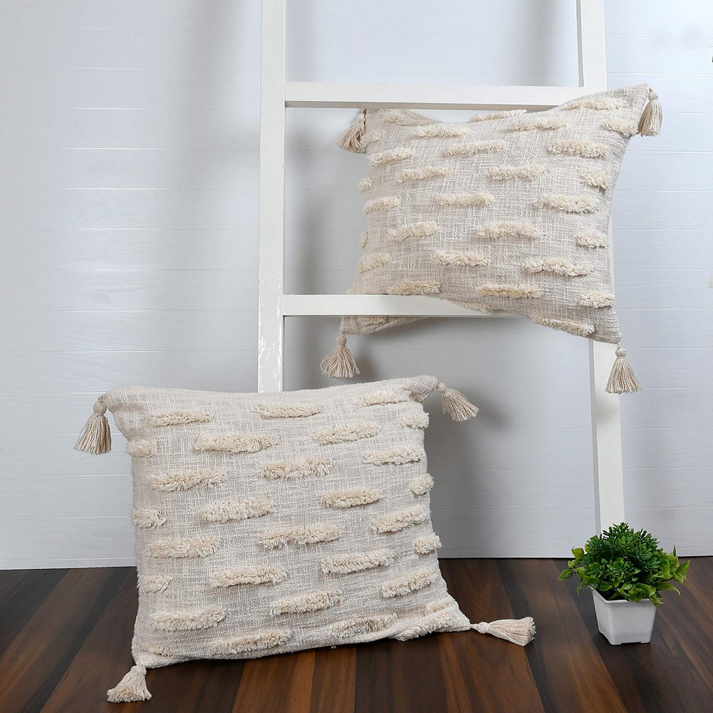 pepme Cotton Tufted Cushion Cover Bar Design Hand-Woven 16 inch Pack of 1, Bohemian Pillow Case for Living Room, Sofa, Office (Square, Off-White)