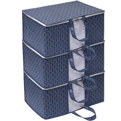 HomeStrap Printed Rectangular Underbed Storage Bag/Organizer/Blanket Cover with Front Handle (Navy Blue) Pack of 3