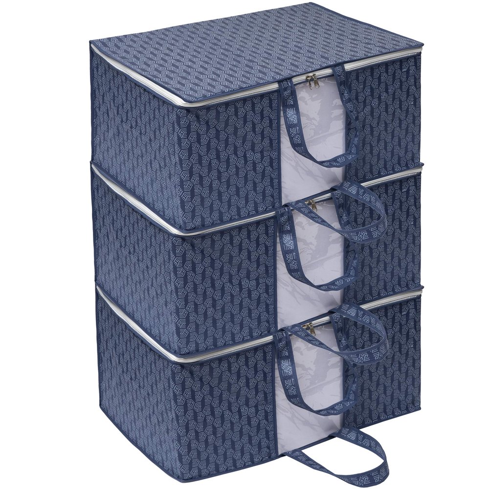 HomeStrap Printed Rectangular Underbed Storage Bag/Organizer/Blanket Cover with Front Handle (Navy Blue) Pack of 3