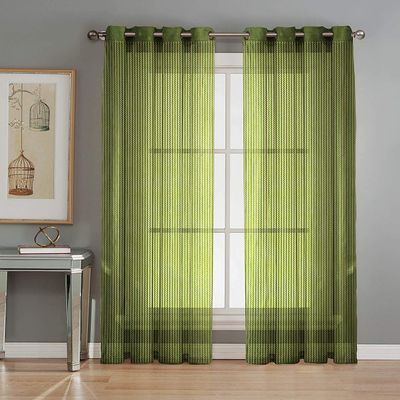 Soulful Creations Beautiful Sheer Strip String Net Tissue Polyester Curtains for Window 5 Feet, Pack of 2, (Green)