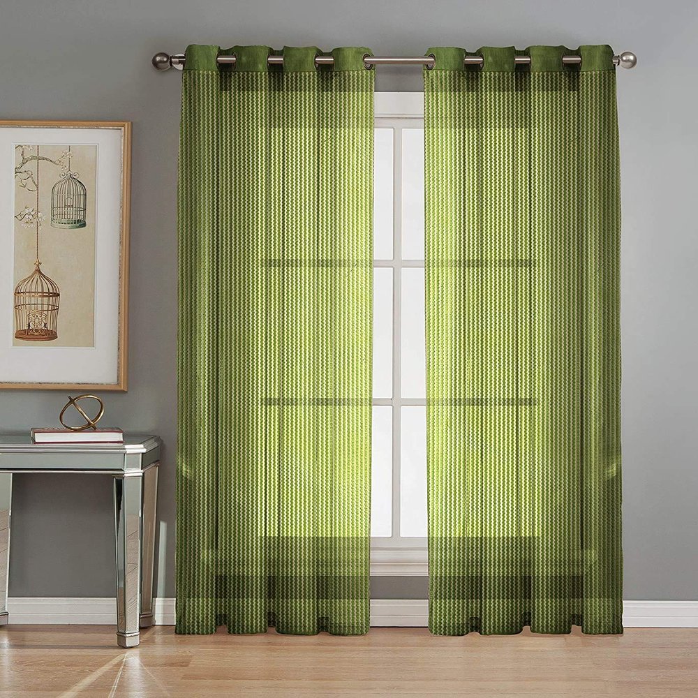 Soulful Creations Beautiful Sheer Strip String Net Tissue Polyester Curtains for Window 5 Feet, Pack of 2, (Green)