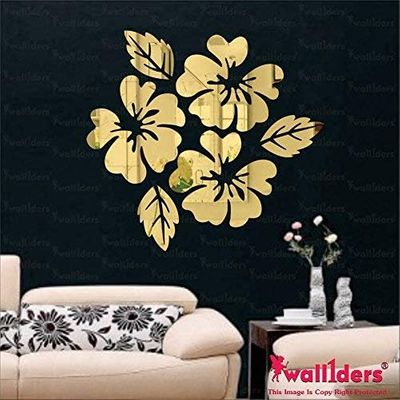 Wall1ders Flower and Leaf (Gold, Large Size) Pack of 6, Mirror Stickers for wall, Acrylic Mirror wall Decor Sticker