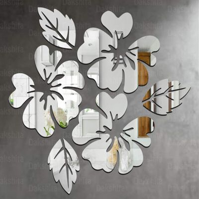 Wall1ders Flower & Leaf (Pack of 6), Mirror Stickers for wall, Acrylic Mirror wall Decor Sticker, wall Mirror Stickers, Acrylic Stickers, Wall Stickers for Hall Room, Bed Room, Kitchen. (Silver1.5mm)