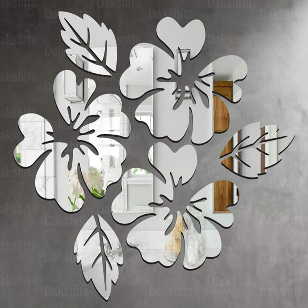 Wall1ders Flower & Leaf (Pack of 6), Mirror Stickers for wall, Acrylic Mirror wall Decor Sticker, wall Mirror Stickers, Acrylic Stickers, Wall Stickers for Hall Room, Bed Room, Kitchen. (Silver1.5mm)