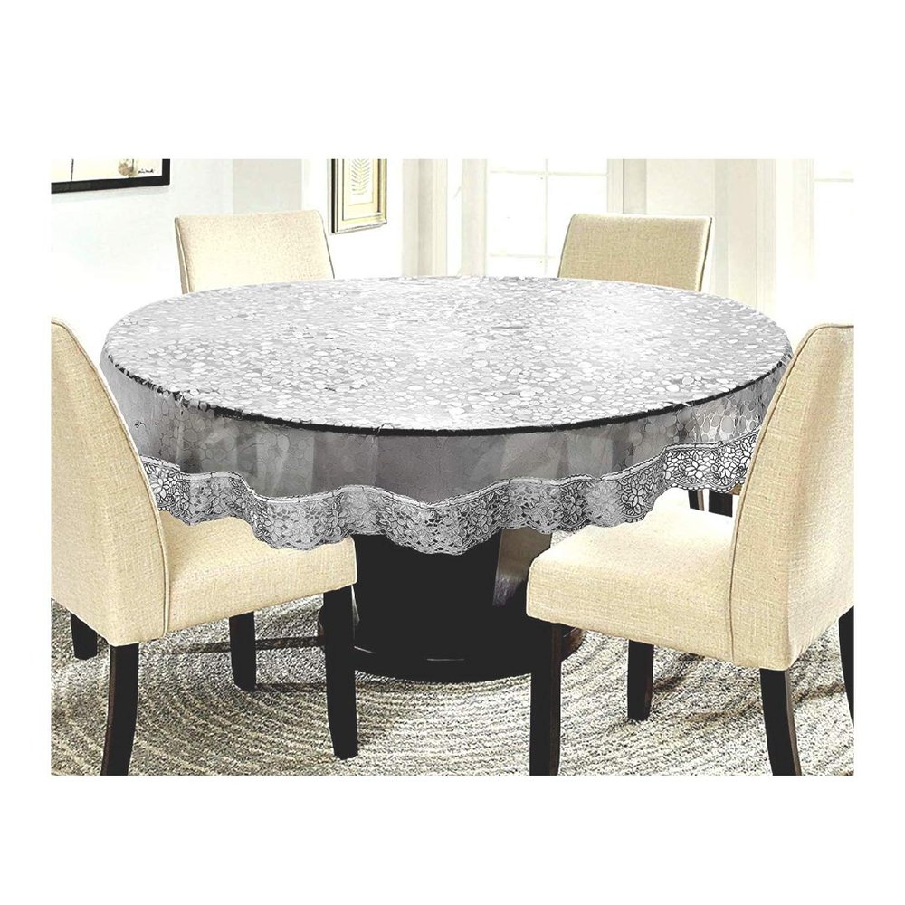 MONKDECOR 0.20mm 3D Bubble Classic Transparent 6 Seater Round Dining Table Cover with Silver Lace (72'' INCHES)
