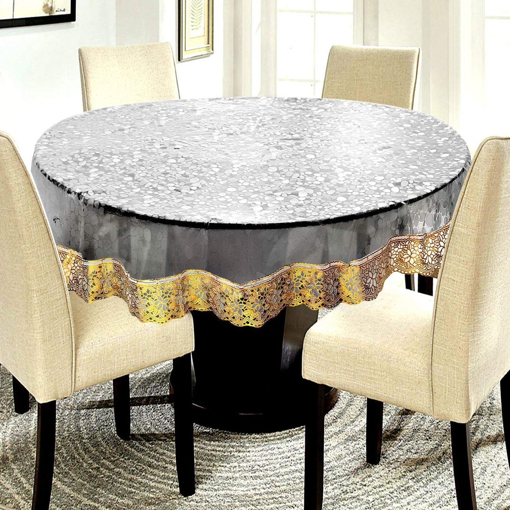 MONKDECOR 0.20mm 3D Bubble Classic Transparent 6 Seater Round Dining Table Cover with Golden Lace (72'' INCHES)