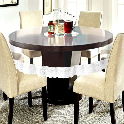 MONKDECOR 0.20mm Classic Transparent 6 Seater Round Dining Table Cover with Silver Lace (72'' INCHES)