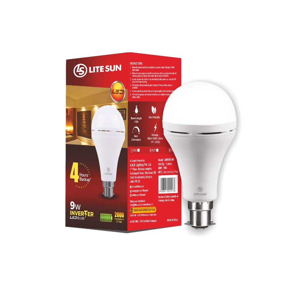 LITESUN Inverter Bulb 9 Watt Rechargeable Emergency LED Bulb for Home and Office