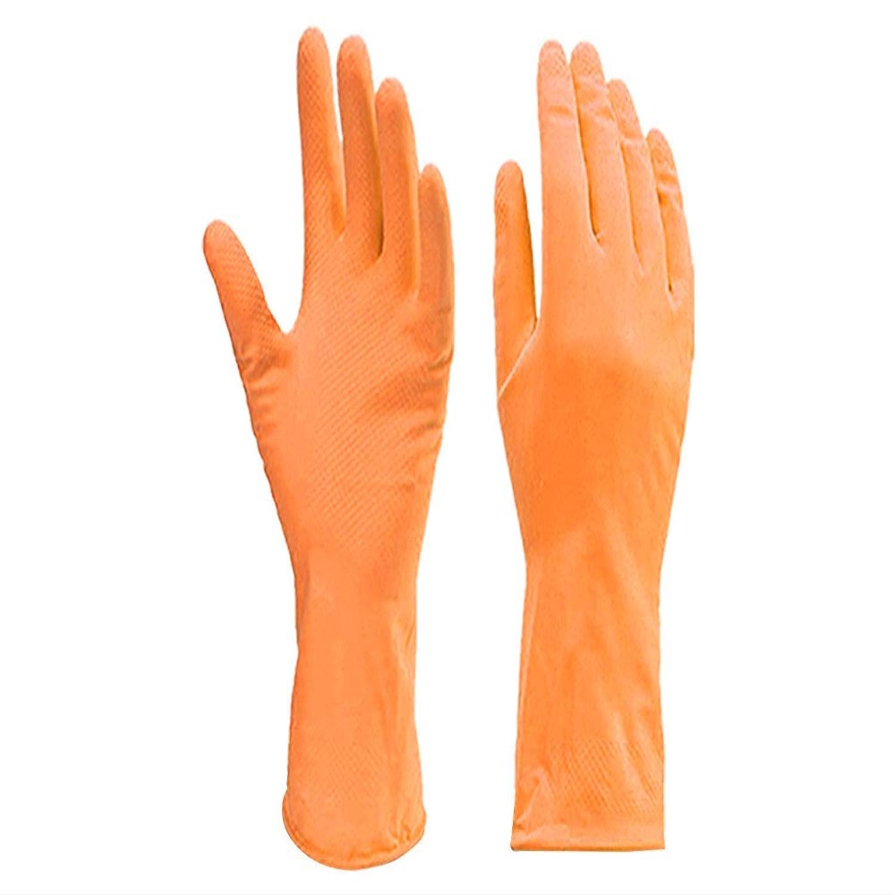 LJL Traders Rubber Cleaning Hand Gloves Orange Colour - 1 Pair (Washable, Waterproof, Reusable, Free Size, Suitable for Washing, Cleaning Kitchen, Gardening)