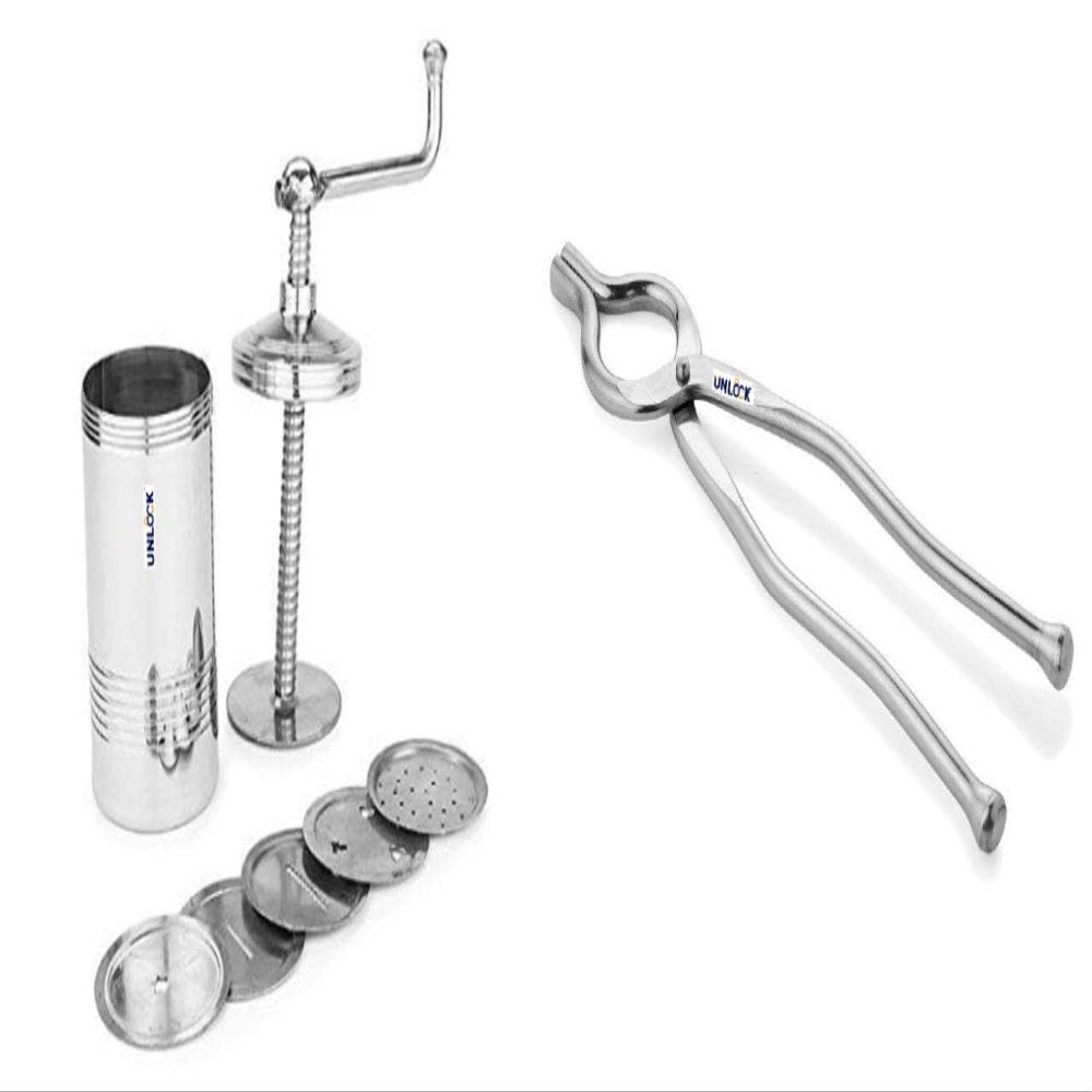 UNLOCK Chakli Maker/Idiyappam Press/Murukku Machine/Sev Machine with 6 Jali & Premium Quality Unbreakable Stainless Steel Goti Sandsi | Sansi | Pakkad | Pincer | Chimta | Tongs for Kitchen