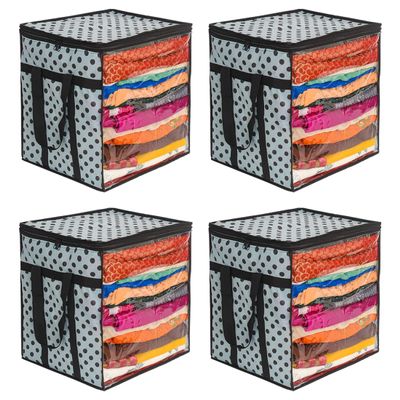 PrettyKrafts XL Saree Cover, Clothes Storage Bag, Storage Organizer Bag, Zip Closure and Transparent Front, Clothes Storage Bag, Wardrobe Organizer, Size (15 X 12 X 15 In), Pack of 4, Dots Grey