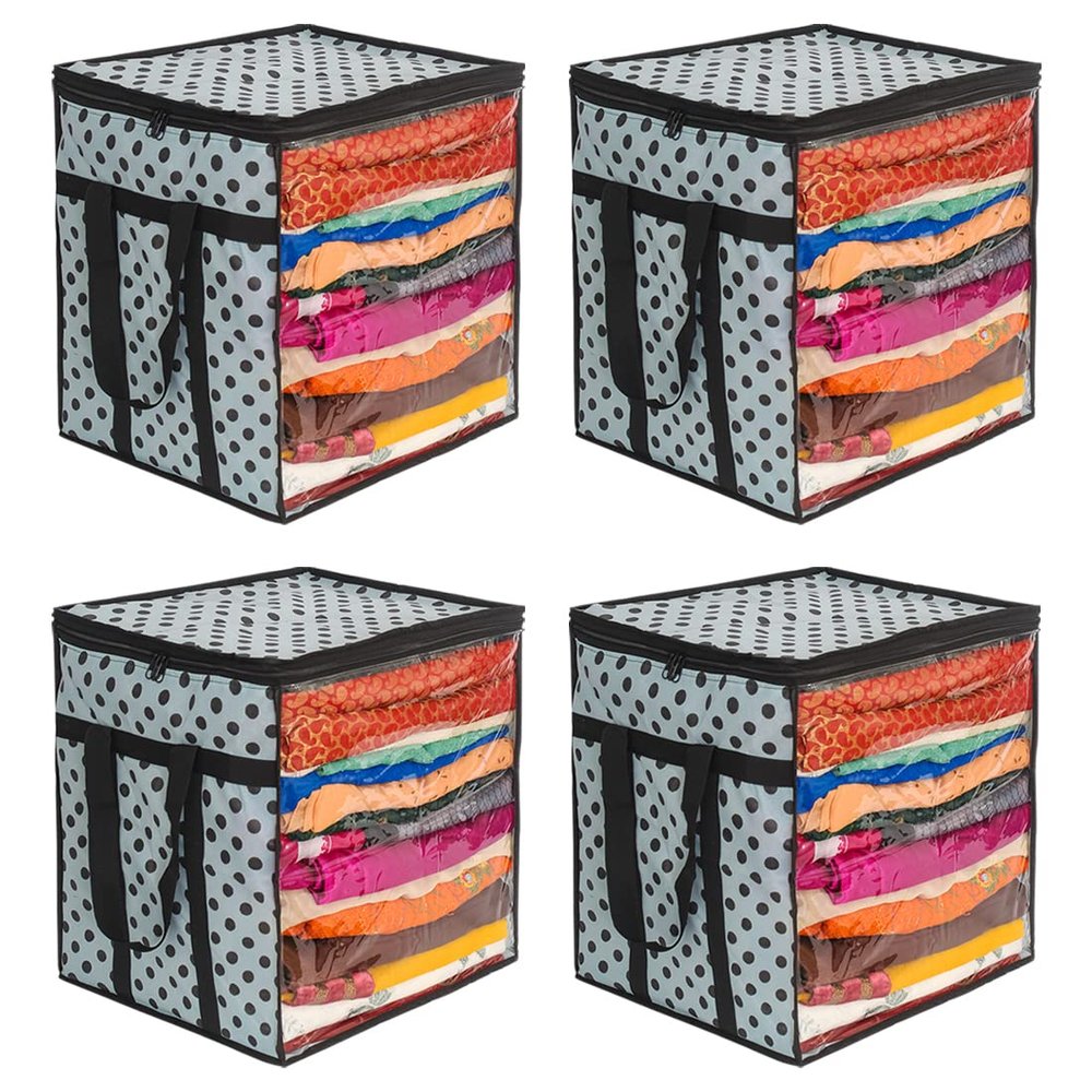 PrettyKrafts XL Saree Cover, Clothes Storage Bag, Storage Organizer Bag, Zip Closure and Transparent Front, Clothes Storage Bag, Wardrobe Organizer, Size (15 X 12 X 15 In), Pack of 4, Dots Grey