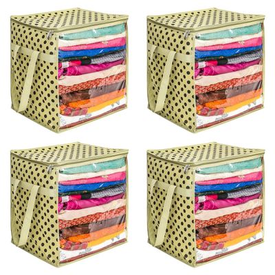PrettyKrafts XL Saree Cover, Clothes Storage Bag, Storage Organizer Bag, Zip Closure and Transparent Front, Clothes Storage Bag, Wardrobe Organizer, Size (15 X 12 X 15 In), Pack of 4,Ivory Dots