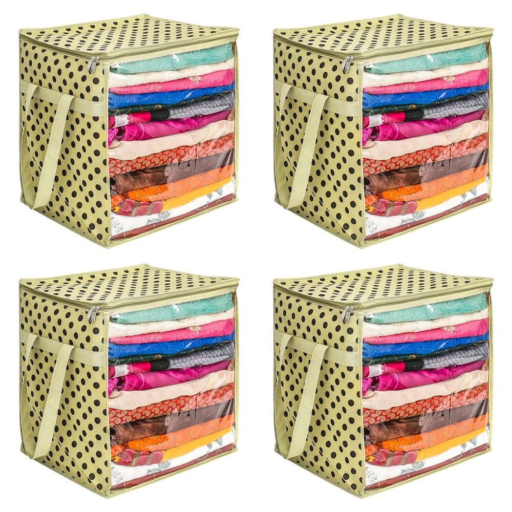 PrettyKrafts XL Saree Cover, Clothes Storage Bag, Storage Organizer Bag, Zip Closure and Transparent Front, Clothes Storage Bag, Wardrobe Organizer, Size (15 X 12 X 15 In), Pack of 4,Ivory Dots