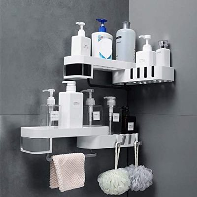 Vroxy Multipurpose Plastic Kitchen Bathroom Shelf Wall Holder Storage Rack with 4 Hook and Towel Rack, Self Adhesive Bathroom Rack (Random Color, Standard Size)