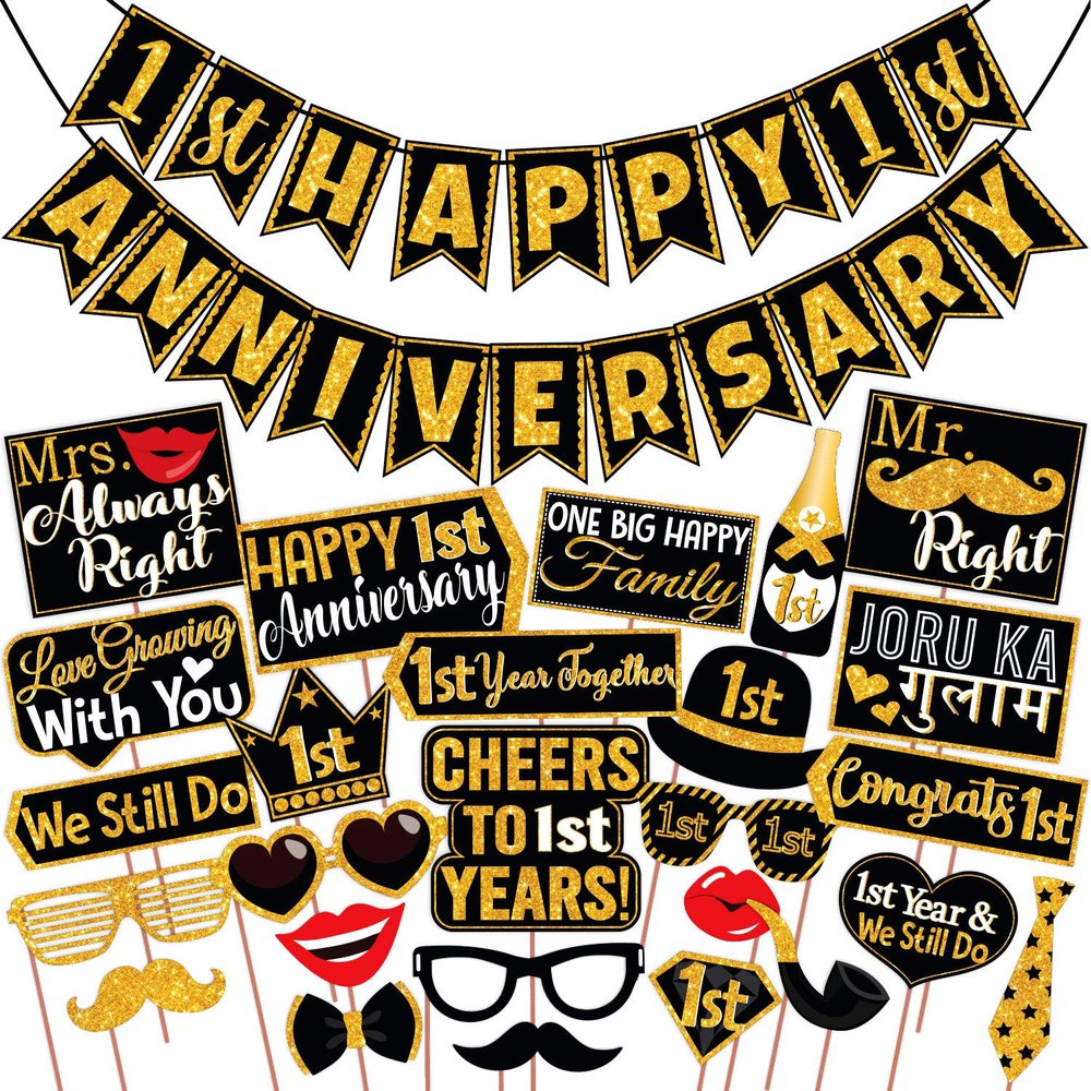 Wobbox 1st Anniversary Photo Booth Party Props DIY Kit with 1st Anniversary Bunting Banner, Golden Gliter & Black, Anniversary Party Decoration