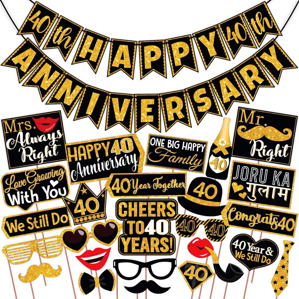 Wobbox 40th Anniversary Photo Booth Party Props DIY Kit with 40th Anniversary Bunting Banner, Golden Gliter & Black, Anniversary Party Decoration