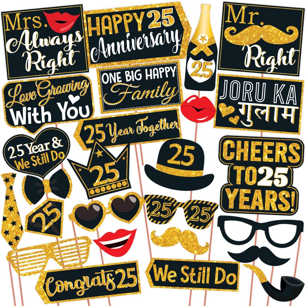 Wobbox 25th Anniversary Photo Booth Party Props DIY Kit, Golden Gliter & Black, Anniversary Party Decoration