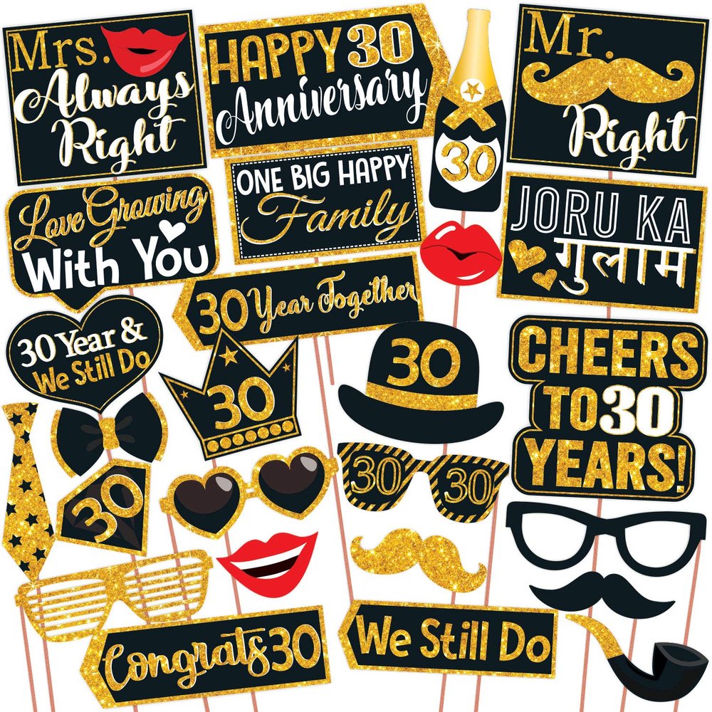 Wobbox 30th Anniversary Photo Booth Party Props DIY Kit, Golden Gliter & Black, Anniversary Party Decoration