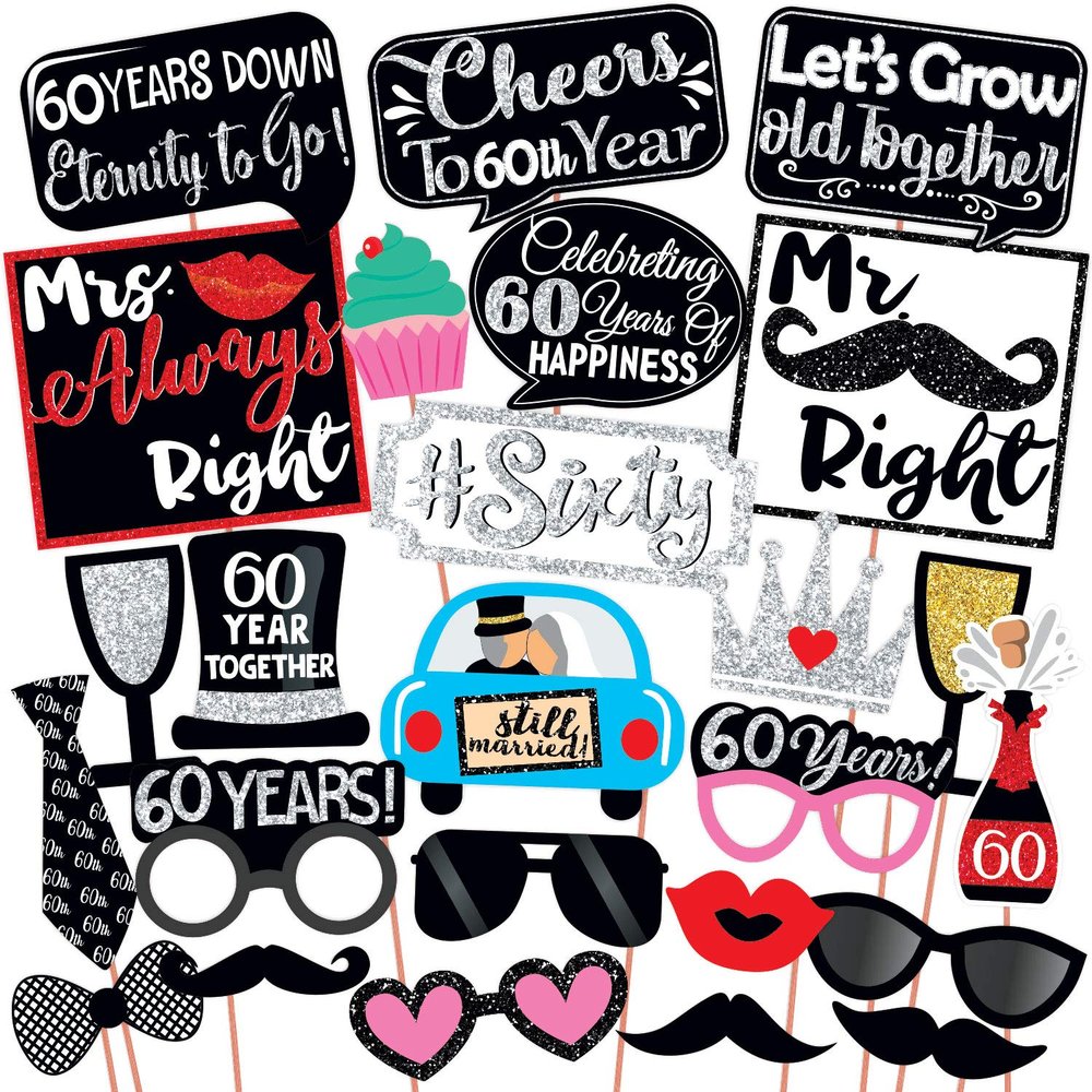 Wobbox 60th Anniversary Photo Booth Party Props DIY Kit, Red Gliter & Black, Anniversary Party Decoration
