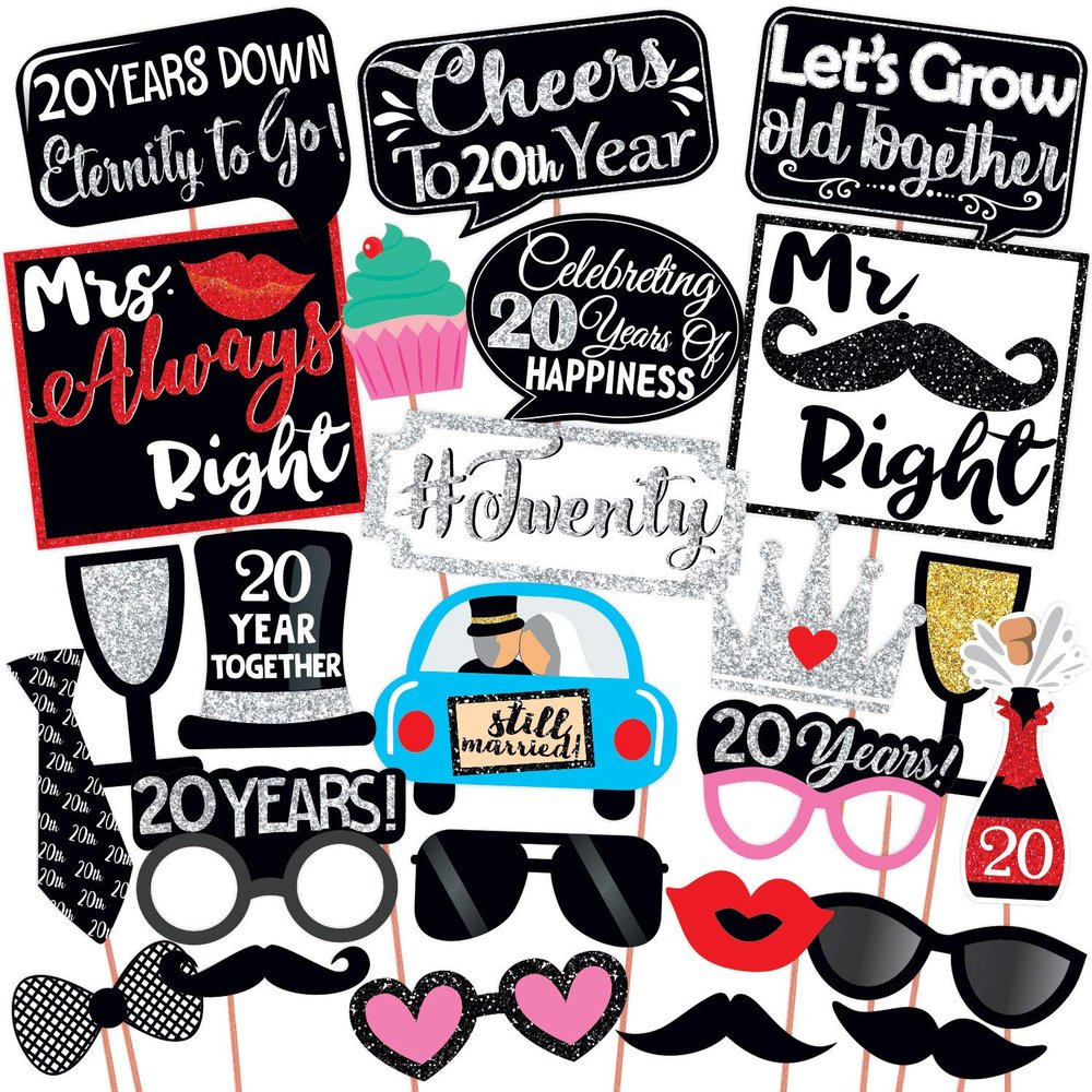 Wobbox 20th Anniversary Photo Booth Party Props DIY Kit, Red Gliter & Black, Anniversary Party Decoration