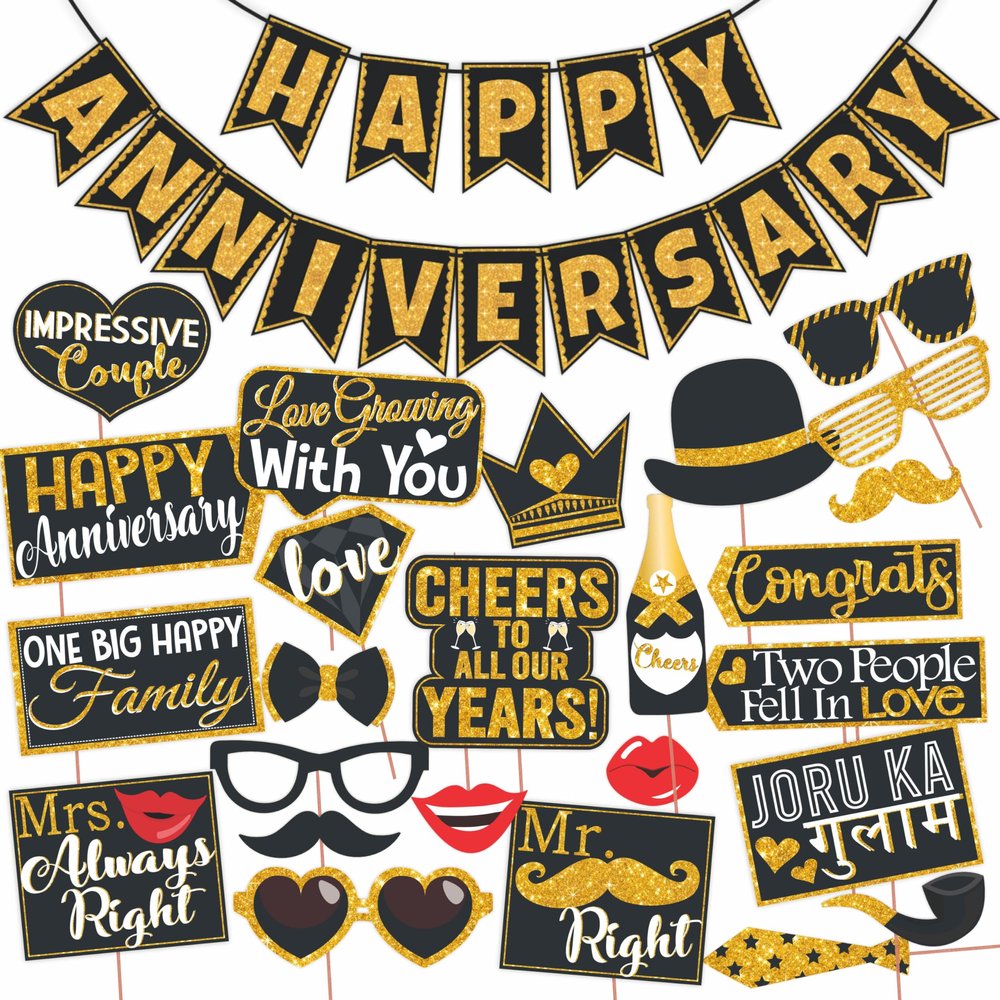 Wobbox Anniversary Photo Booth Party Props DIY Kit with Happy Anniversary Bunting Banner, Golden Gliter & Black, Anniversary Party Decoration All Dates