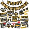 Wobbox Anniversary Photo Booth Party Props DIY Kit with Happy Anniversary Bunting Banner, Golden Gliter & Black, Anniversary Party Decoration All Dates view 1