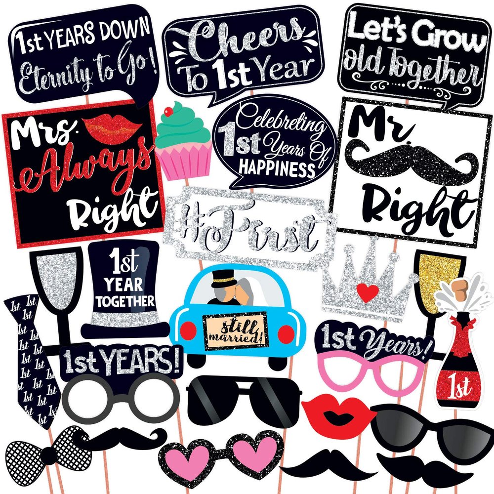 Wobbox 1st Anniversary Photo Booth Party Props DIY Kit, Red Gliter & Black, Anniversary Party Decoration