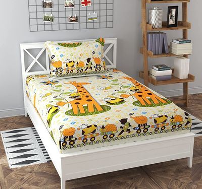 PNP Textiles Animal Cartoon Printed Kids Room Single Bedsheet With 1 Pillow Cover Fabric Glace Cotton (Size 60X90 Inch) (Color- Cream And Orange), 220 tc
