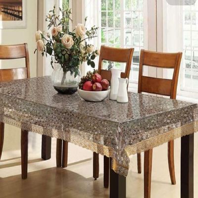 MONKDECOR Classic Transparent 3D Bubble 6 Seater Rectangle Dining Table Cover with Golden Lace (60x90 Inches)