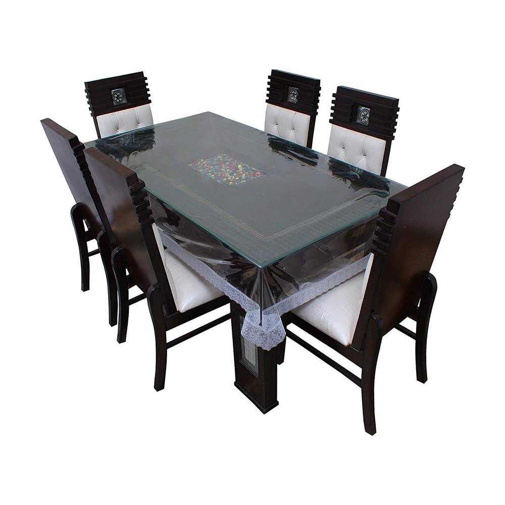 MONKDECOR Classic Transparent 6 Seater Rectangle Dining Table Cover with Silver Lace (60x90 Inches)