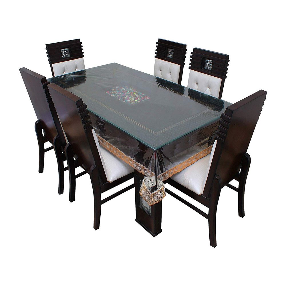 MONKDECOR Classic Transparent 6 Seater Rectangle Dining Table Cover with Golden Lace (60x90 Inches)