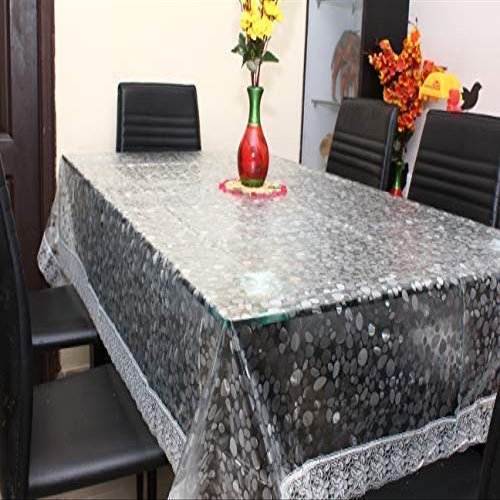 MONKDECOR Classic Transparent 3D Bubble 6 Seater Rectangle Dining Table Cover with Silver Lace (60x90 Inches)