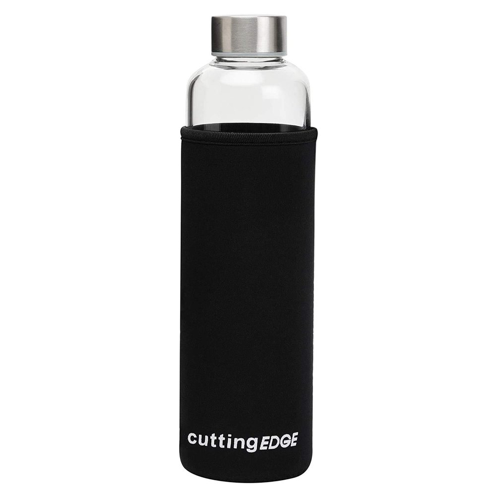 Cutting EDGE 500ml Borosilicate Round Glass Water Bottle Set of 1 with Black Portable Carrying Sleeve for School, Home, Office, Travel, Sport, Yoga, Gym, Hot, Cold Drinks (Transparent)