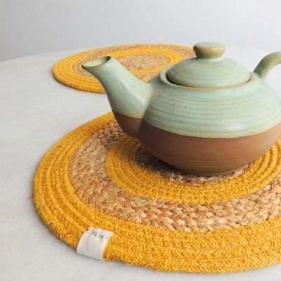 JASMEY HOMES Set of 2 Dining Table Mat 30cm Round Mat - Yellow (Double Ring) | Used as Centre Table dcor placemat/House Warming Gifts for New Home