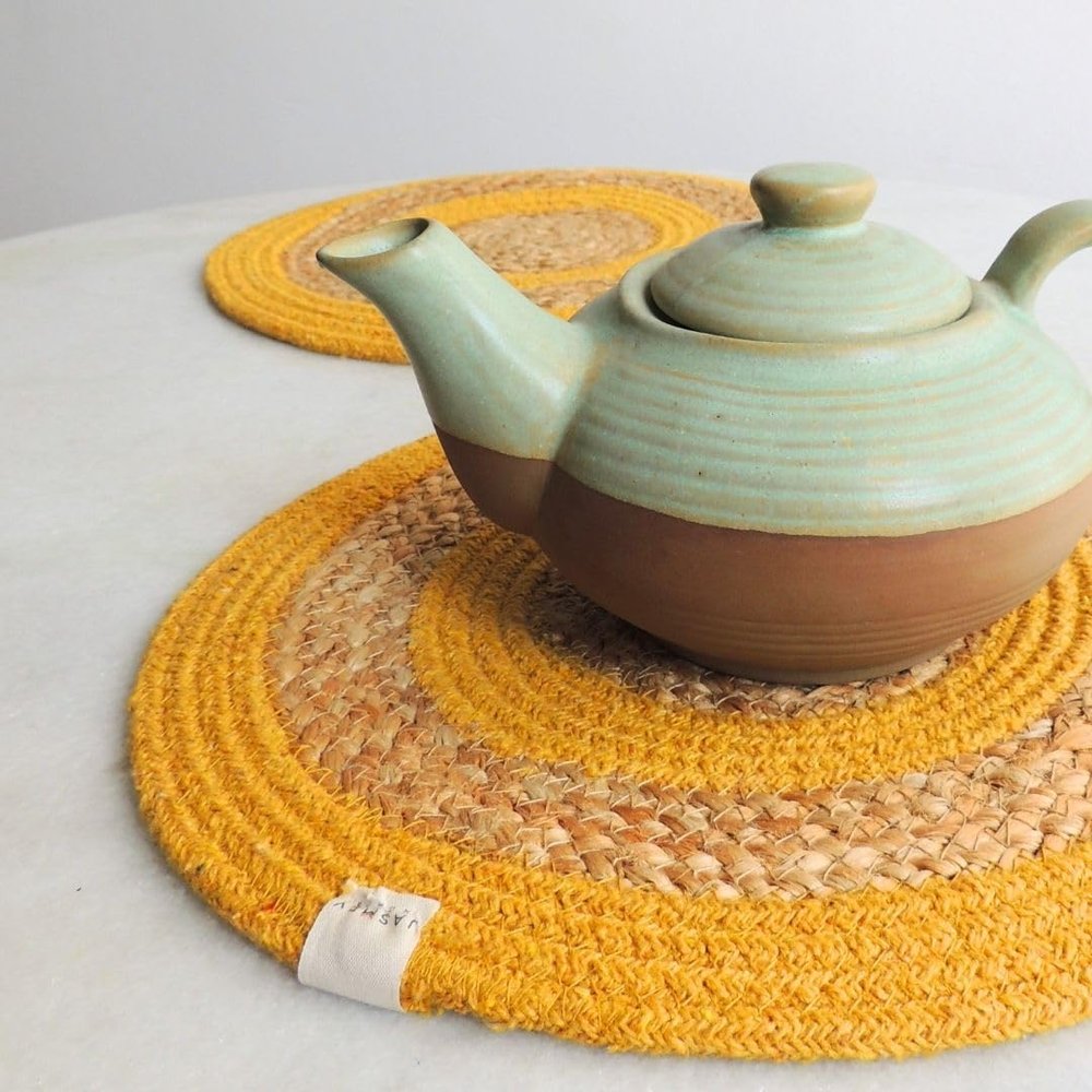JASMEY HOMES Set of 2 Dining Table Mat 30cm Round Mat - Yellow (Double Ring) | Used as Centre Table dcor placemat/House Warming Gifts for New Home