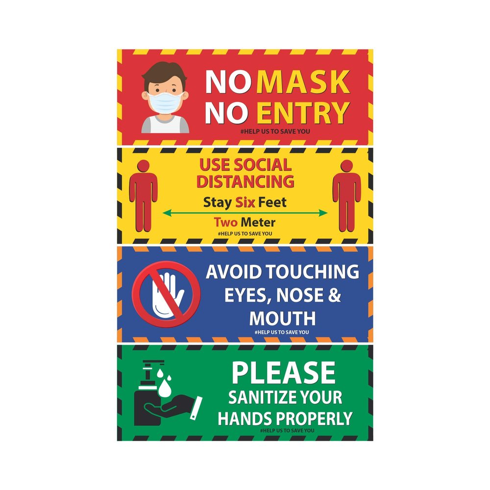 Anne Print Solutions Use Social Distancing Avoid Touching Nose Sanitize Your Hands No Mask No Entry Stickers Size 12 Inch *X 4.5 Inch* Pack of 4 Pcs Multicolour