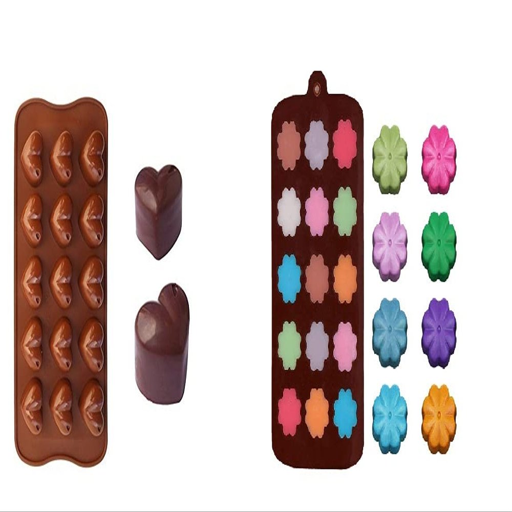 S.B. ANJALI SHALU BHAI Dimple Heart & Flower Tree Shape Chocolate Mould (10-inch, Brown) Pack of 2