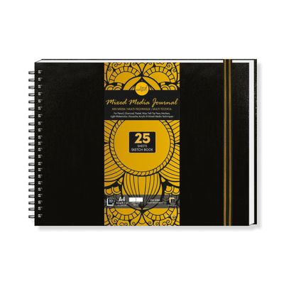 Zen Sangam - A4 Landscape Artists- 230 GSM (50 Pages), Spiral Mixed Media Art Journal - Ultra Smooth Surface - Acid Free Cartridge Paper - Size(29.7x 21cm)-for Pencils,Chalk,Oil Pastels,Crayons-Black
