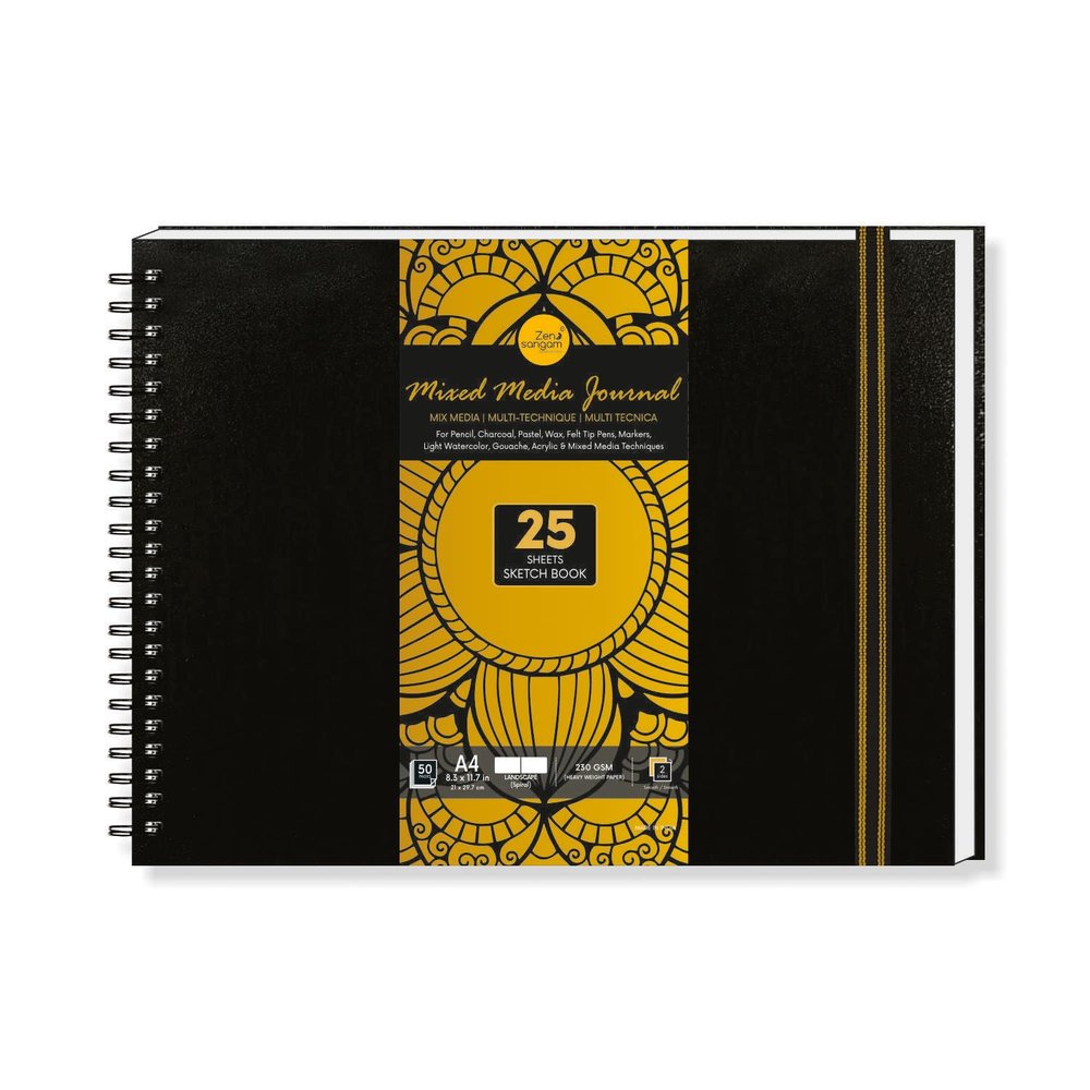 Zen Sangam - A4 Landscape Artists- 230 GSM (50 Pages), Spiral Mixed Media Art Journal - Ultra Smooth Surface - Acid Free Cartridge Paper - Size(29.7x 21cm)-for Pencils,Chalk,Oil Pastels,Crayons-Black
