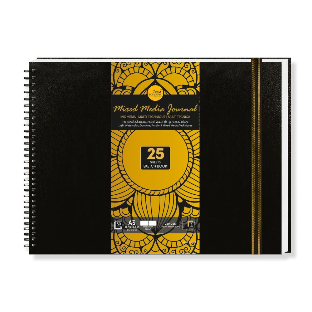Zen Sangam - A3 Landscape Artists- 230 GSM (50 Pages), Spiral Mixed Media Art Journal - Ultra Smooth Surface - Acid Free Cartridge Paper - Size(42x29.7cm)-for Pencils,Chalk,Oil Pastels,Crayons-Black